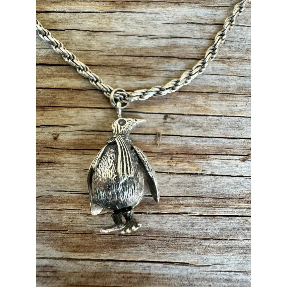 Vintage Sterling Silver Articulated Penguin Necklace 18" Rope Chain 12.15 G - Picture 2 of 5